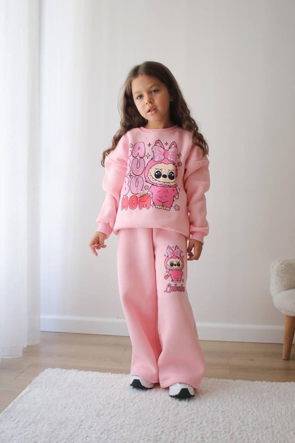 6341-1 Lbb Yazılı Baskılı Kız Çocuk Şardonlu Üç İplik Takım-PEMBE