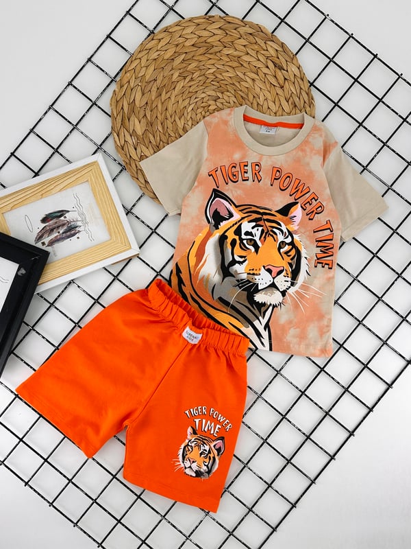 6341 Tiger Power Baskılı Erkek Çocuk Penye Şortlu Takım-TURUNCU