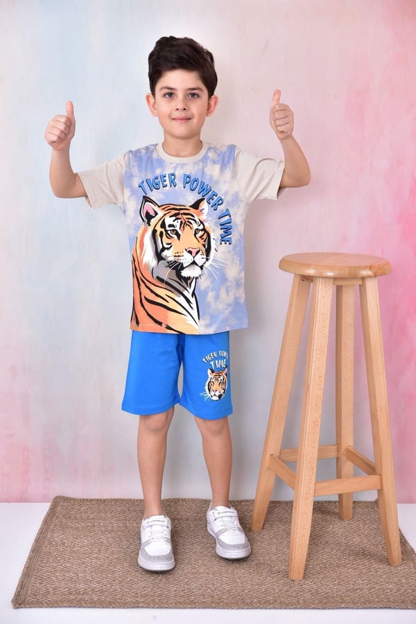 6341 Tiger Power Baskılı Erkek Çocuk Penye Şortlu Takım-MAVİ