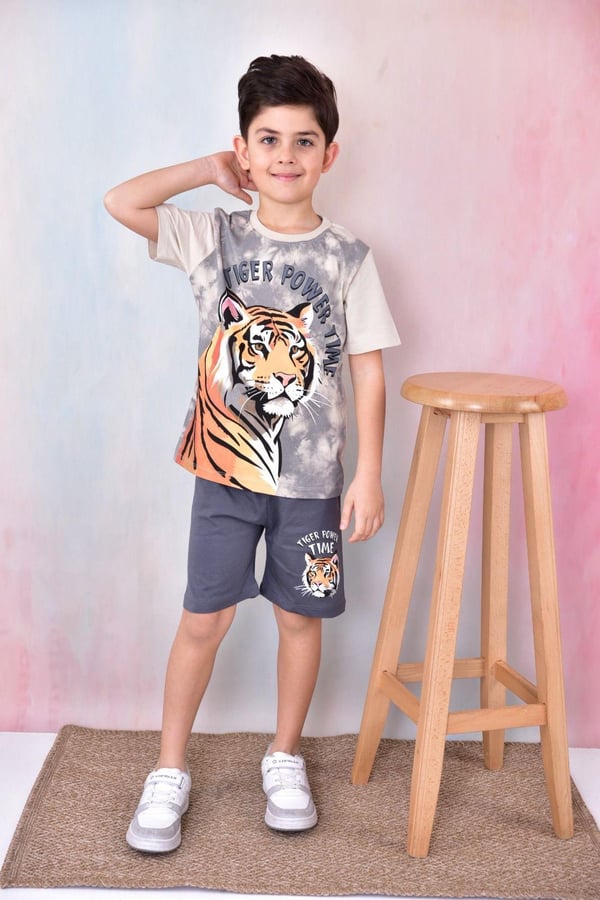 6341 Tiger Power Baskılı Erkek Çocuk Penye Şortlu Takım-FÜME