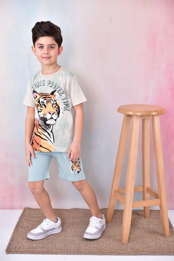 6341 Tiger Power Baskılı Erkek Çocuk Penye Şortlu Takım-YEŞİL