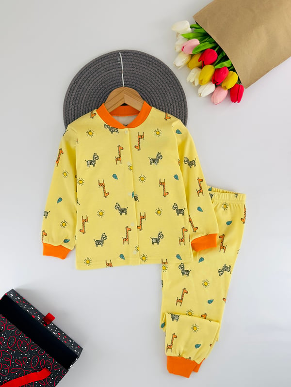 656-2 Çıtçıtlı Güneş Baskılı Unisex Çocuk Pijama Takımı-SARI