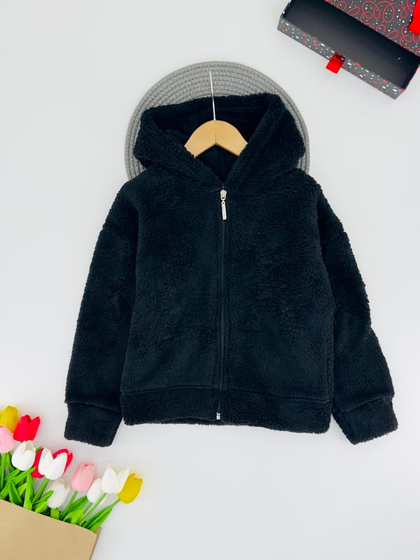 666-4 Önü İki Cepli Unisex Çocuk Polar Hırka-SİYAH
