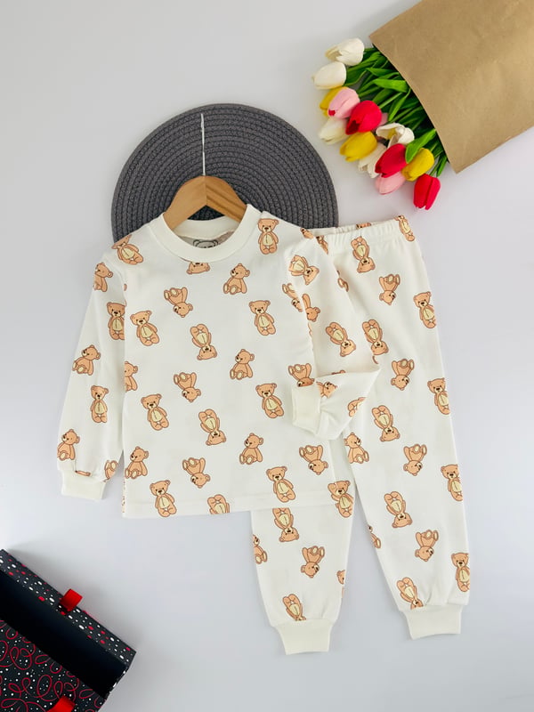 666-5 Bisiklet Yaka Ayı Baskılı Unisex Çocuk Pijama Takım-BEYAZ