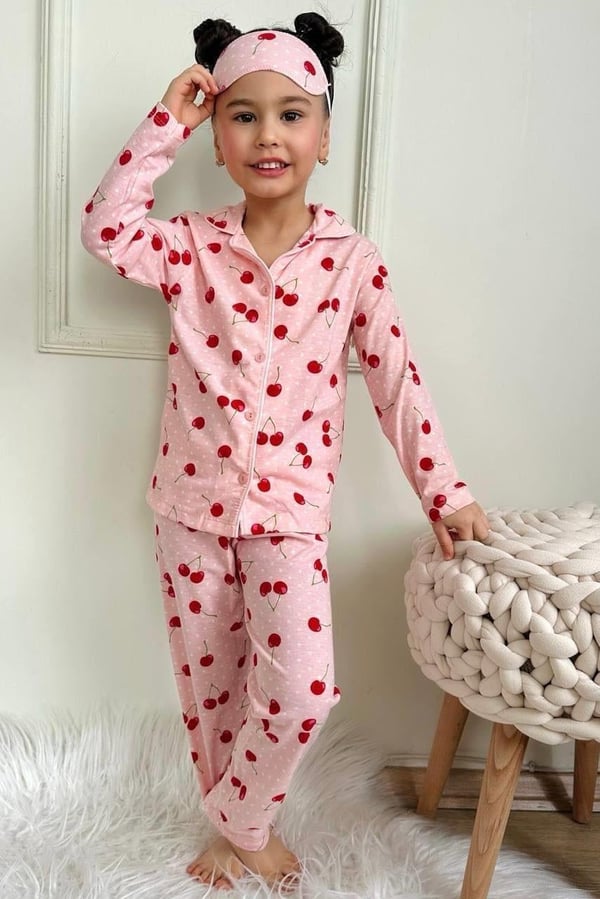 6666-11 Kiraz Baskılı Bandanalı Kız Çocuk Yakalı Pijama Takım-SOMON