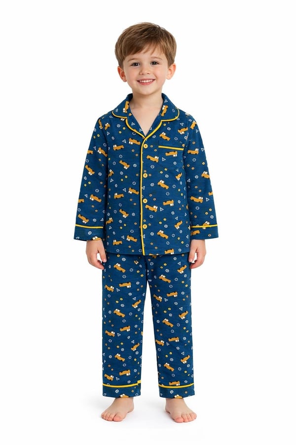 6666-13 Kamyon Baskılı Erkek Çocuk Yakalı Pijama Takım-İNDİGO MAVİ