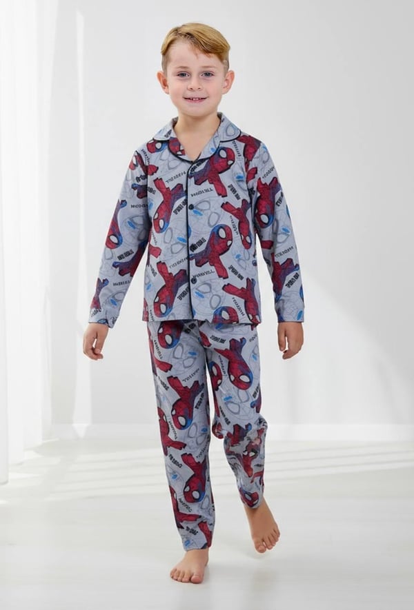 6666-15 Mrvl Spdm  Baskılı Erkek Çocuk Yakalı Pijama Takım-GRİ