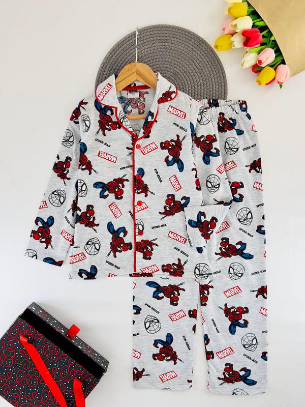 6666-17 Marvel Baskılı Uzun Kol Penye Kumaş Erkek Çocuk Pijama takım-GRİ