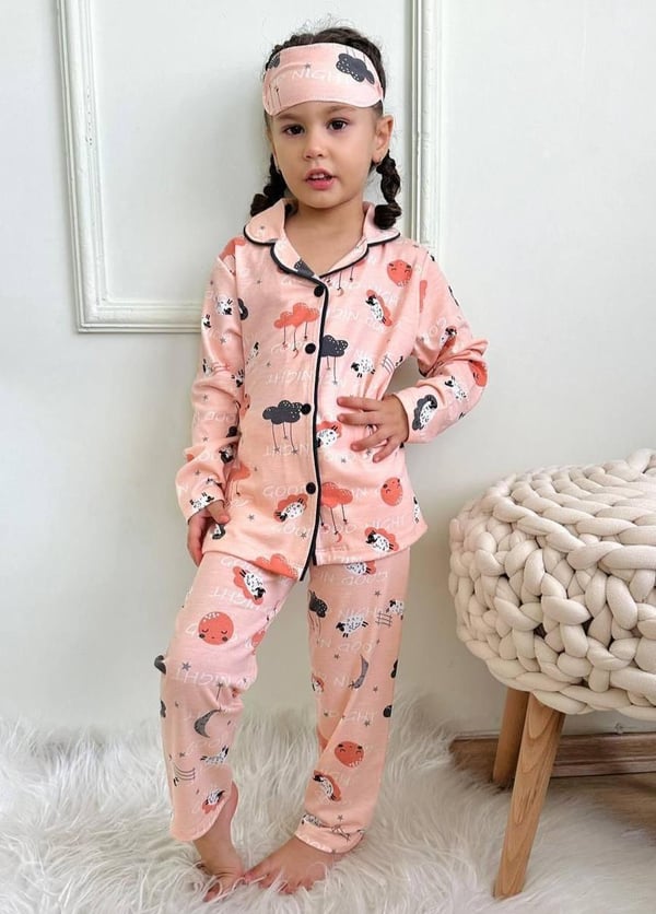 6666-2 Bulut Yıldız Baskılı Kız Çocuk Pijama Takımı-SOMON