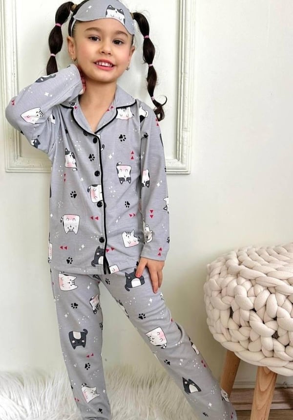 6666-5 Kedi Pati Baskılı Kız Çocuk Pijama Takım-GRİ