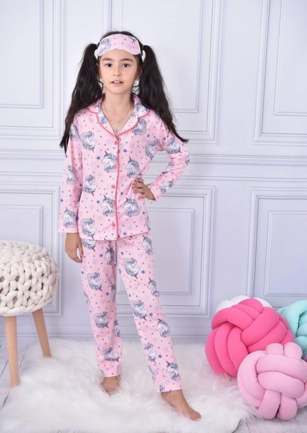 6666-6 Unc Yıldız Baskılı Kız Çocuk Pijama Takım-PEMBE