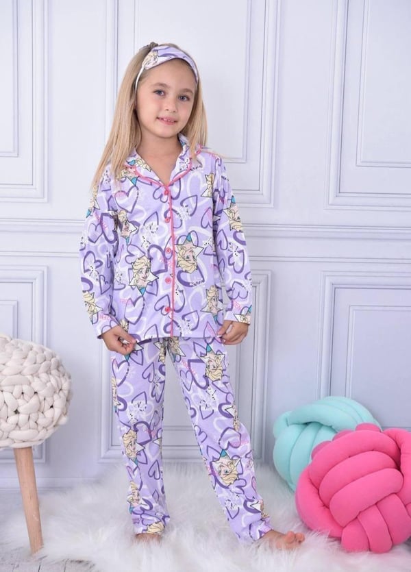 6666-7 Els Baskılı Kız Çocuk Pijama Takım-LİLA