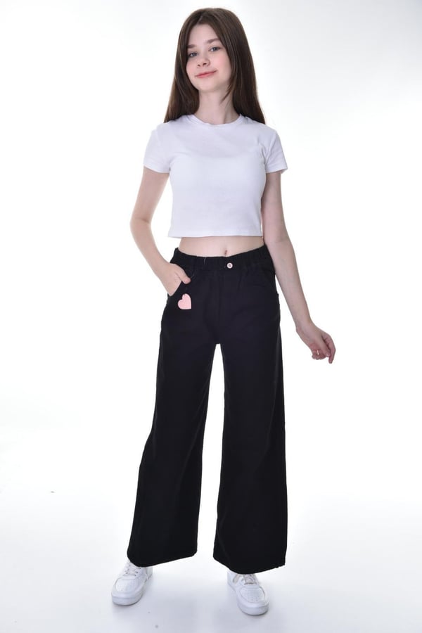 669-3 Bel Lastikli Kalp Detaylı Kız Çocuk Baggy Kot Pantolon (6/10 Yaş)-SİYAH