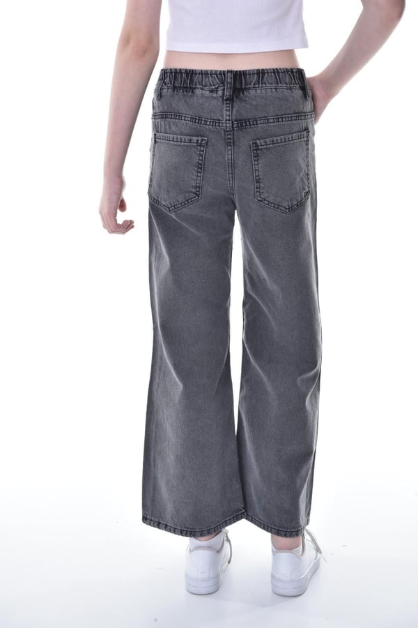 669-4 Bel Lastikli Kalp Detaylı Kız Çocuk Baggy Kot Pantolon (11/15 Yaş)-ANTRASİT