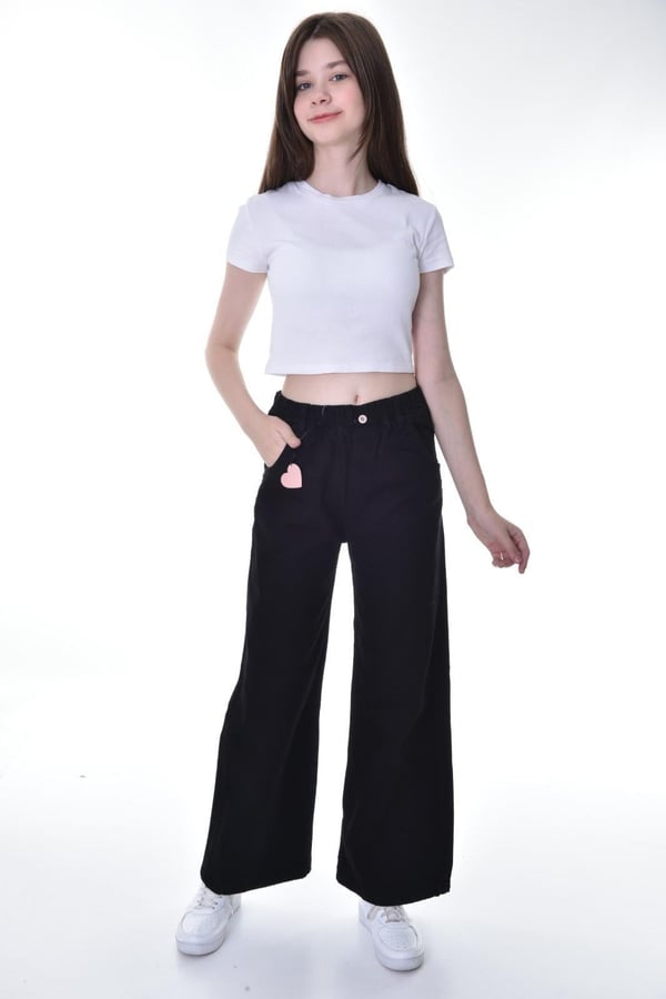 669-4 Bel Lastikli Kalp Detaylı Kız Çocuk Baggy Kot Pantolon (11/15 Yaş)-SİYAH
