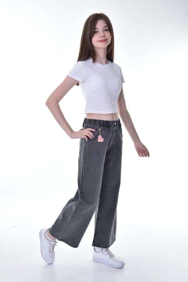 669-4 Bel Lastikli Kalp Detaylı Kız Çocuk Baggy Kot Pantolon (11/15 Yaş)-ANTRASİT