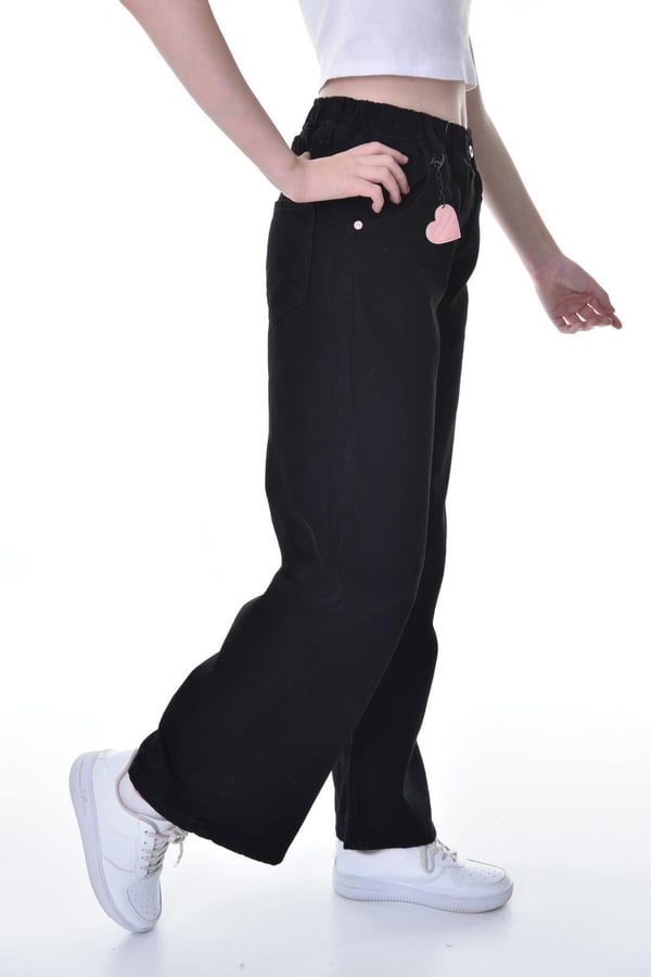 669-4 Bel Lastikli Kalp Detaylı Kız Çocuk Baggy Kot Pantolon (11/15 Yaş)-SİYAH