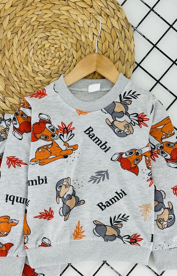6700-4 Bambi Geyik Baskılı Kız Çocuk Inc Pijama Takım-GRİ