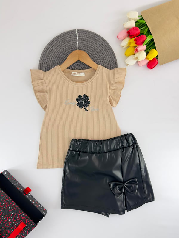 680-01 Lovely Çiçek Nakışlı Deri Şort Etekli Kız Çocuk Takım-BEJ