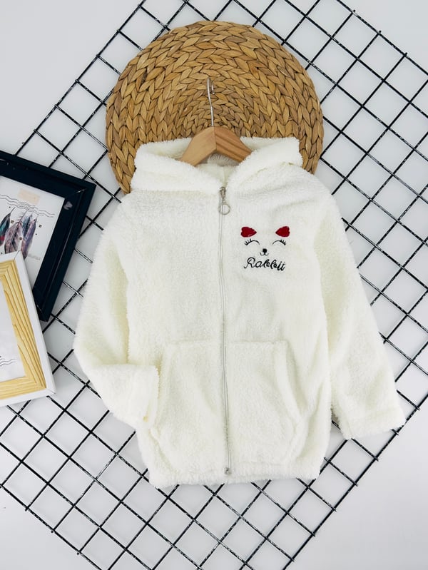 690-1 Kedi Nakışlı Kapşonlu Kız Çocuk Polar Hırka-KREM