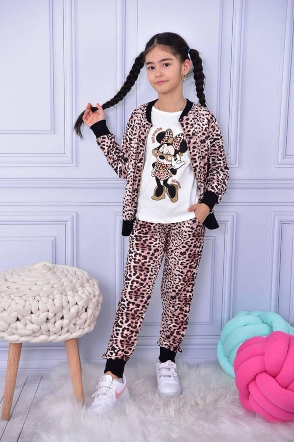 7004 Leopar Baskılı Hırkalı Üçlü Kız Çocuk Takım-KREM