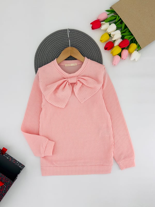 7087 Yaka Fiyonklu Taşlı Kız Çocuk Fitilli Kumaş Bady-PEMBE