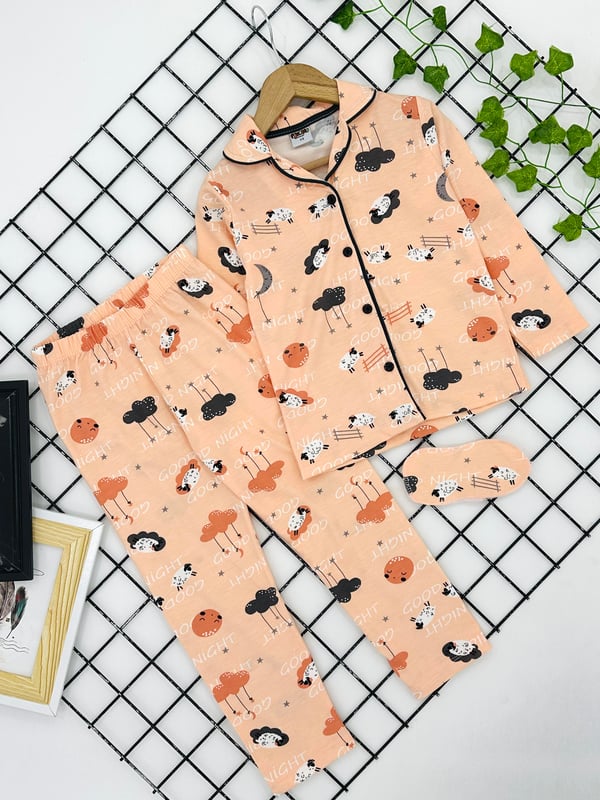 714 Bulut Baskılı Kız Çocuk Bandanalı Pijama Takım-SOMON