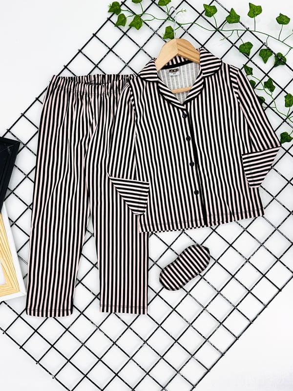 718 Çizgili Baskılı Kız Çocuk Penye Pijama Takım-SİYAH