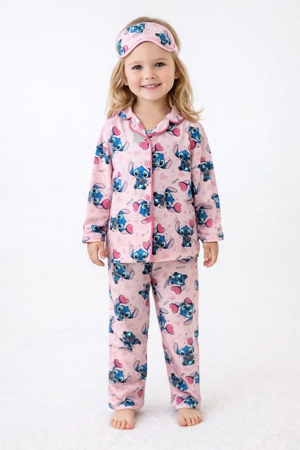 719 Stıtch Yazılı Baskılı Kız Çocuk Penye Pijama Takım-TOZ PEMBE