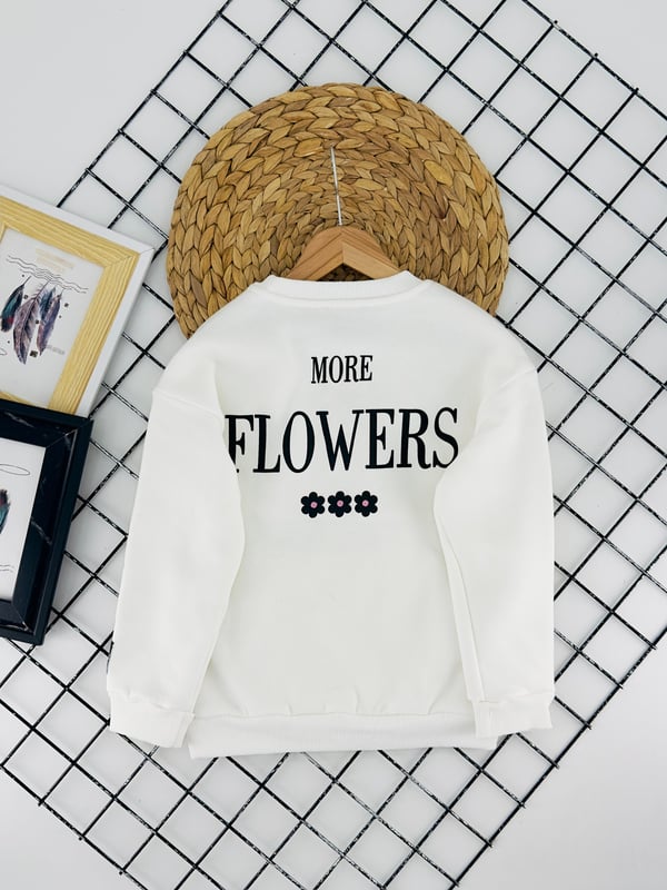 725457 Çiçek Baskılı Üç İplik Şardonlu Kız Çocuk Sweat-KREM
