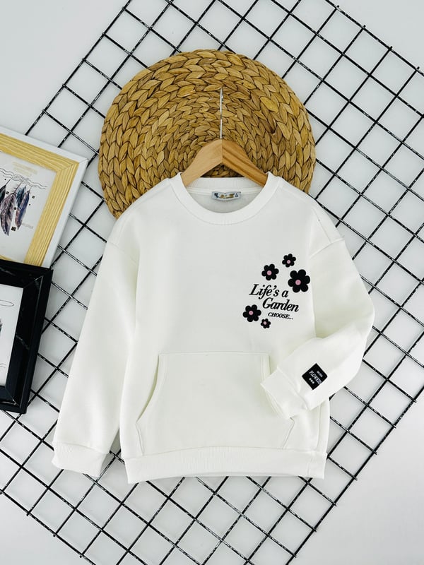725457 Çiçek Baskılı Üç İplik Şardonlu Kız Çocuk Sweat-KREM