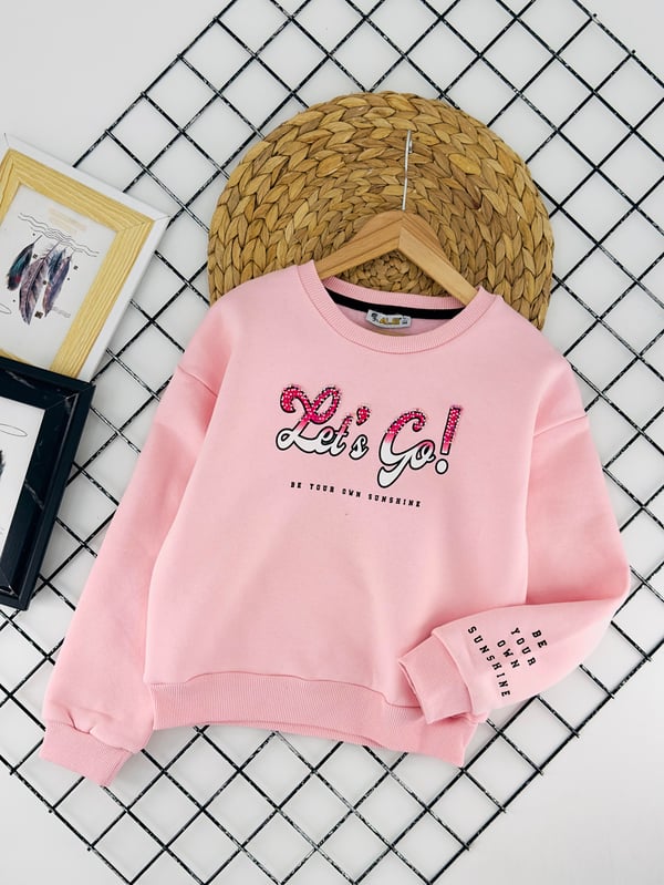 725554 Lets Yazılı İki İplik Şardonlu Kız Çocuk Sweat-TOZ PEMBE