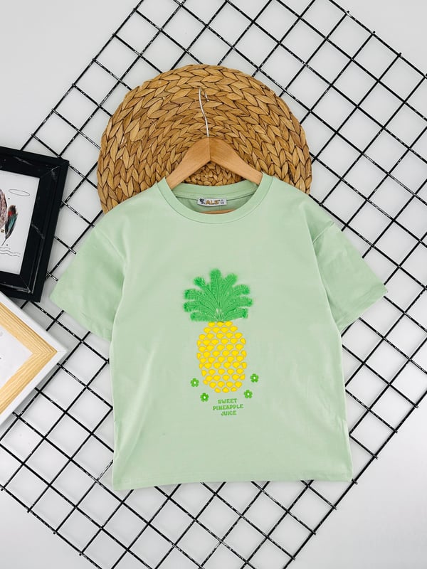 725594 Ananas  Baskılı Kız Çocuk Penye Tişört-YEŞİL