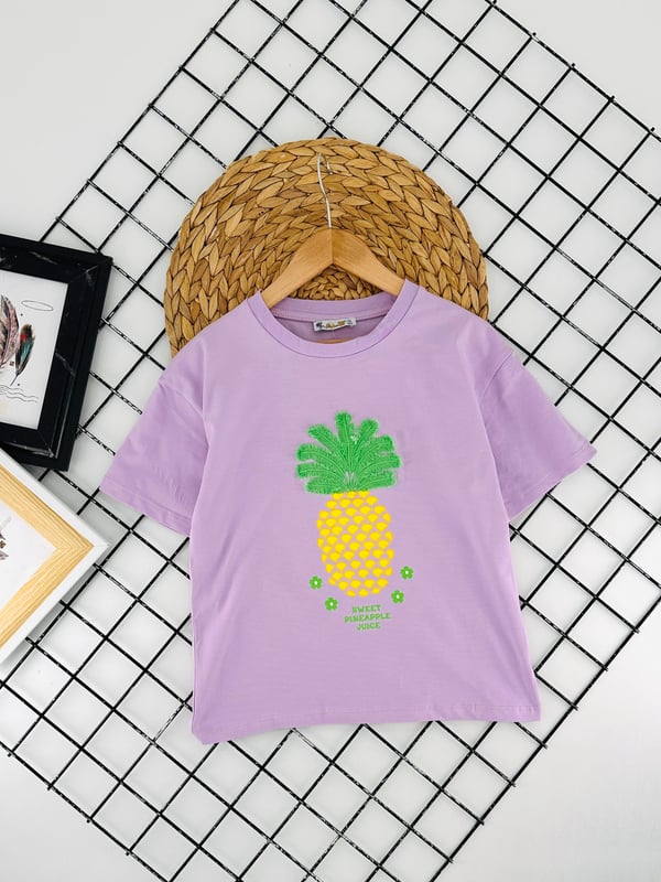 725594 Ananas  Baskılı Kız Çocuk Penye Tişört-LİLA