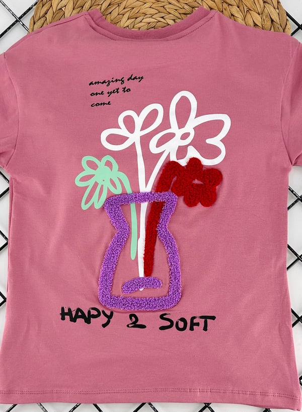 725678 Happy Soft Baskılı Kız Çocuk Penye Tişört-GÜL KURUSU
