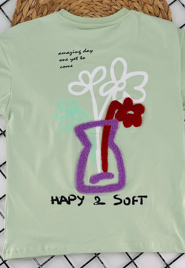 725678 Happy Soft Baskılı Kız Çocuk Penye Tişört-YEŞİL