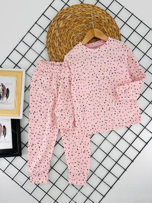 7316 Küçük Papatya Baskılı Kız Çocuk Fitilli Kumaş Penye Takım-PEMBE