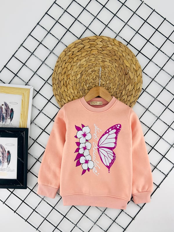 732132 Kelebek Çiçek Baskılı Üç İp Şardonlu Kız Çocuk Sweat-SOMON