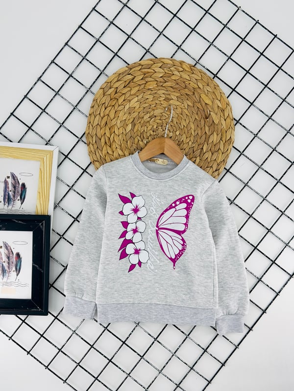 732132 Kelebek Çiçek Baskılı Üç İp Şardonlu Kız Çocuk Sweat-GRİ