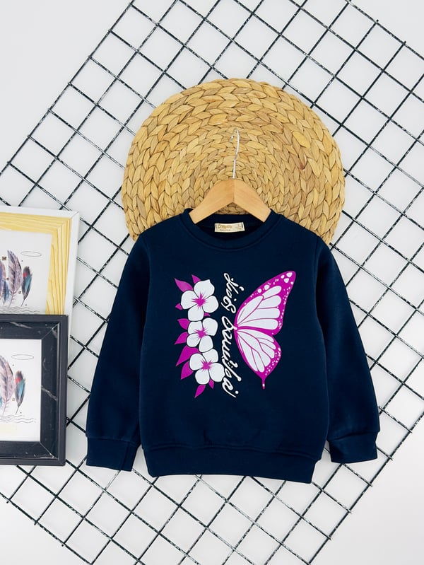 732132 Kelebek Çiçek Baskılı Üç İp Şardonlu Kız Çocuk Sweat-LACİVERT