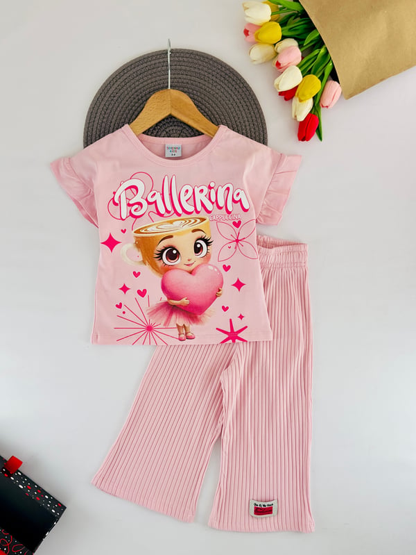 7655-6 Blncie Yazılı Kız Çocuk Bol Paça Takım-PEMBE