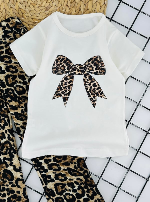 8000-2 Önü Leopar Fiyonk Baskılı Kız Çocuk Leopar Taytlı Takım-LEOPAR