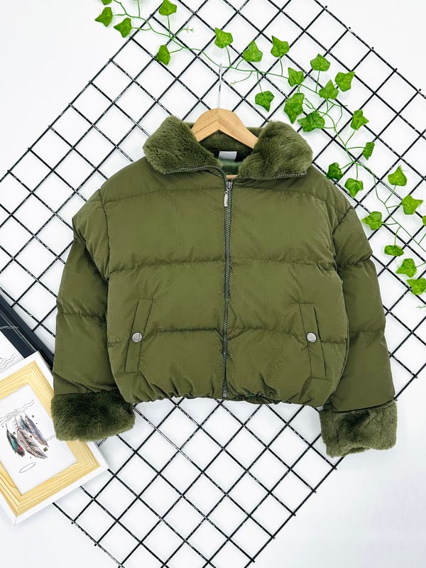 8010-11 Dik Yaka Kız Çocuk Şişme Crop Mont-YEŞİL