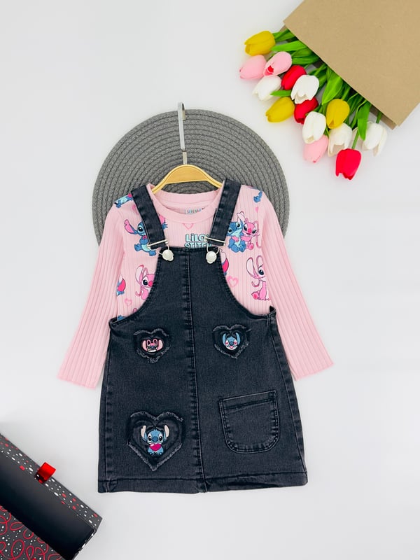 8156 Stck Kalp Baskılı Uzun Kol Badili Kız Çocuk Kot Jile-PEMBE
