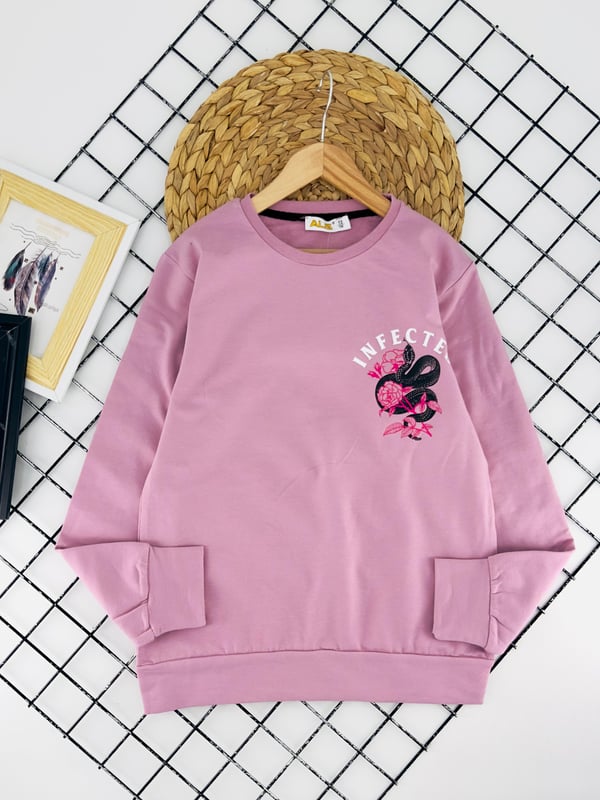 824566 Yanı Çiçek Baskılı İki İp Şardonlu Kız Çocuk Sweat-PEMBE