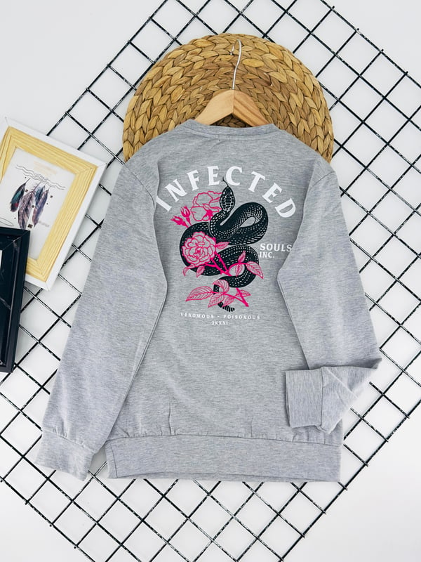 824566 Yanı Çiçek Baskılı İki İp Şardonlu Kız Çocuk Sweat-GRİ