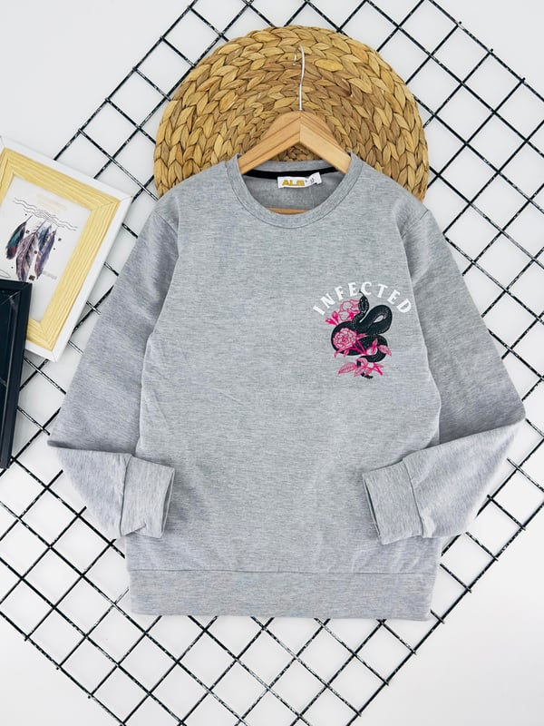 824566 Yanı Çiçek Baskılı İki İp Şardonlu Kız Çocuk Sweat-GRİ