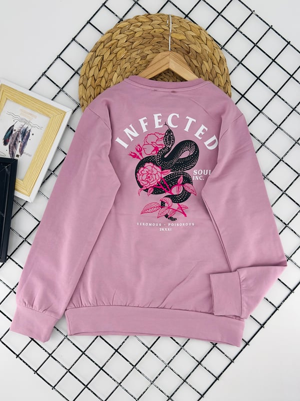 824566 Yanı Çiçek Baskılı İki İp Şardonlu Kız Çocuk Sweat-PEMBE