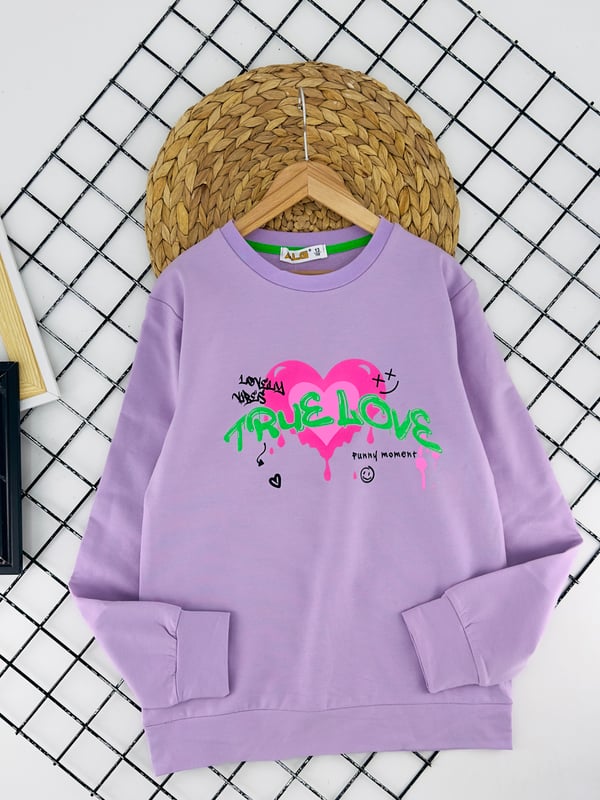 824605 Lovely Yazılı Kalp Baskılı Kız Çocuk İki İp Şardonlu Sweat-LİLA