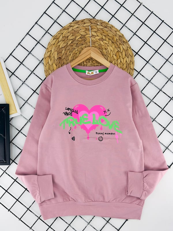 824605 Lovely Yazılı Kalp Baskılı Kız Çocuk İki İp Şardonlu Sweat-GÜL KURUSU